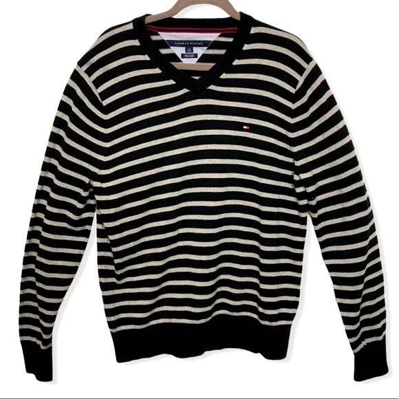 90s Tommy Hilfiger Sweater Striped Preppy V Neck pullover Blue and white size L - Picture 2 of 8